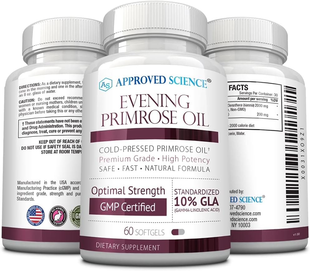 Maximum Strength Cold Pressed Evening Primrose Oil Softgels - 10% GLA for Hormonal Balance, Skin, and Heart Health - All Natural Formula - 60 Count