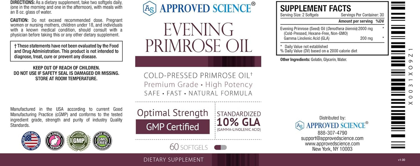 Maximum Strength Cold Pressed Evening Primrose Oil Softgels - 10% GLA for Hormonal Balance, Skin, and Heart Health - All Natural Formula - 60 Count