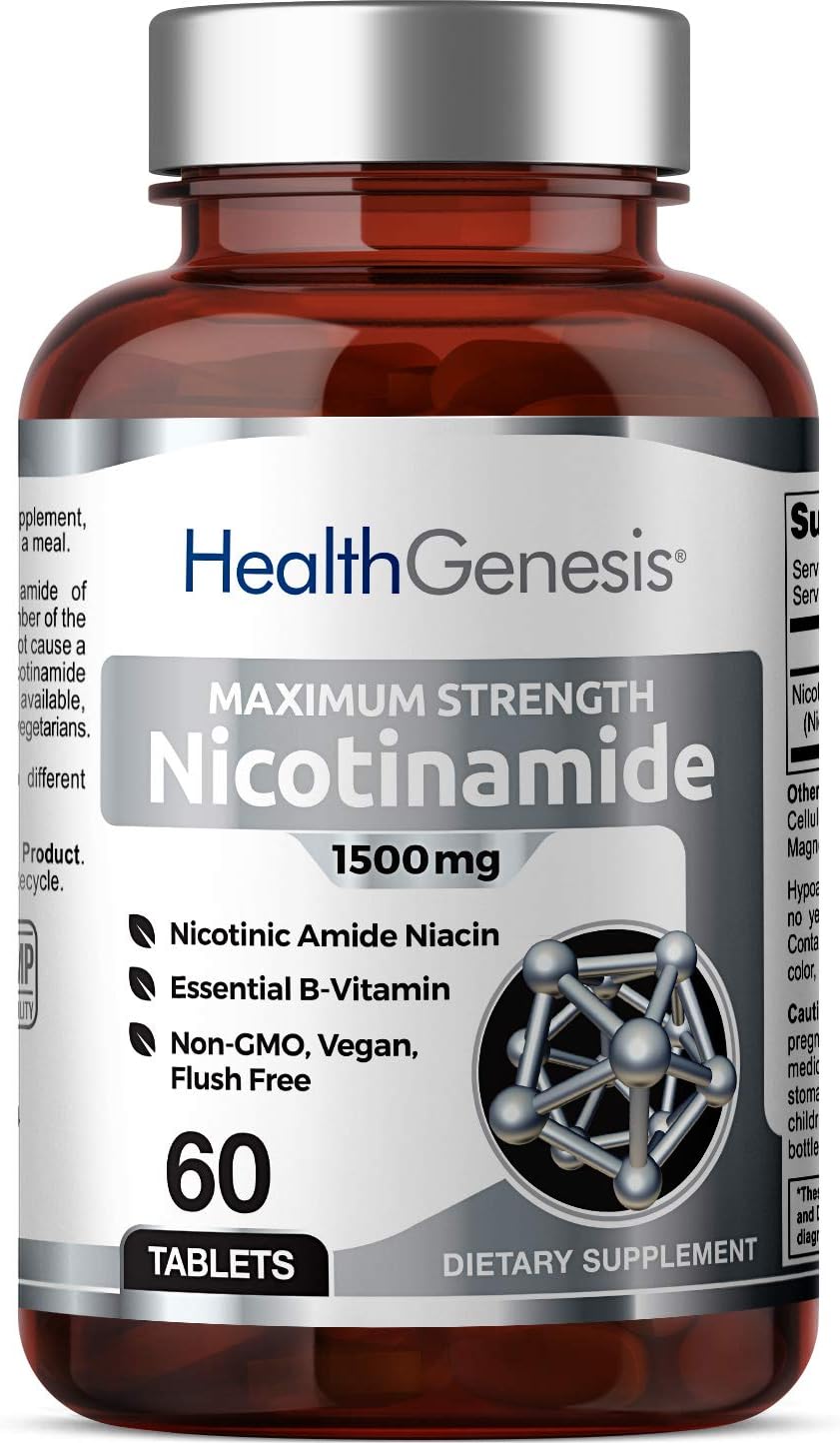Maximum Strength Health Genesis B-3 Nicotinamide Niacin 1500 mg - 60 Tablets for Skin Cell Health