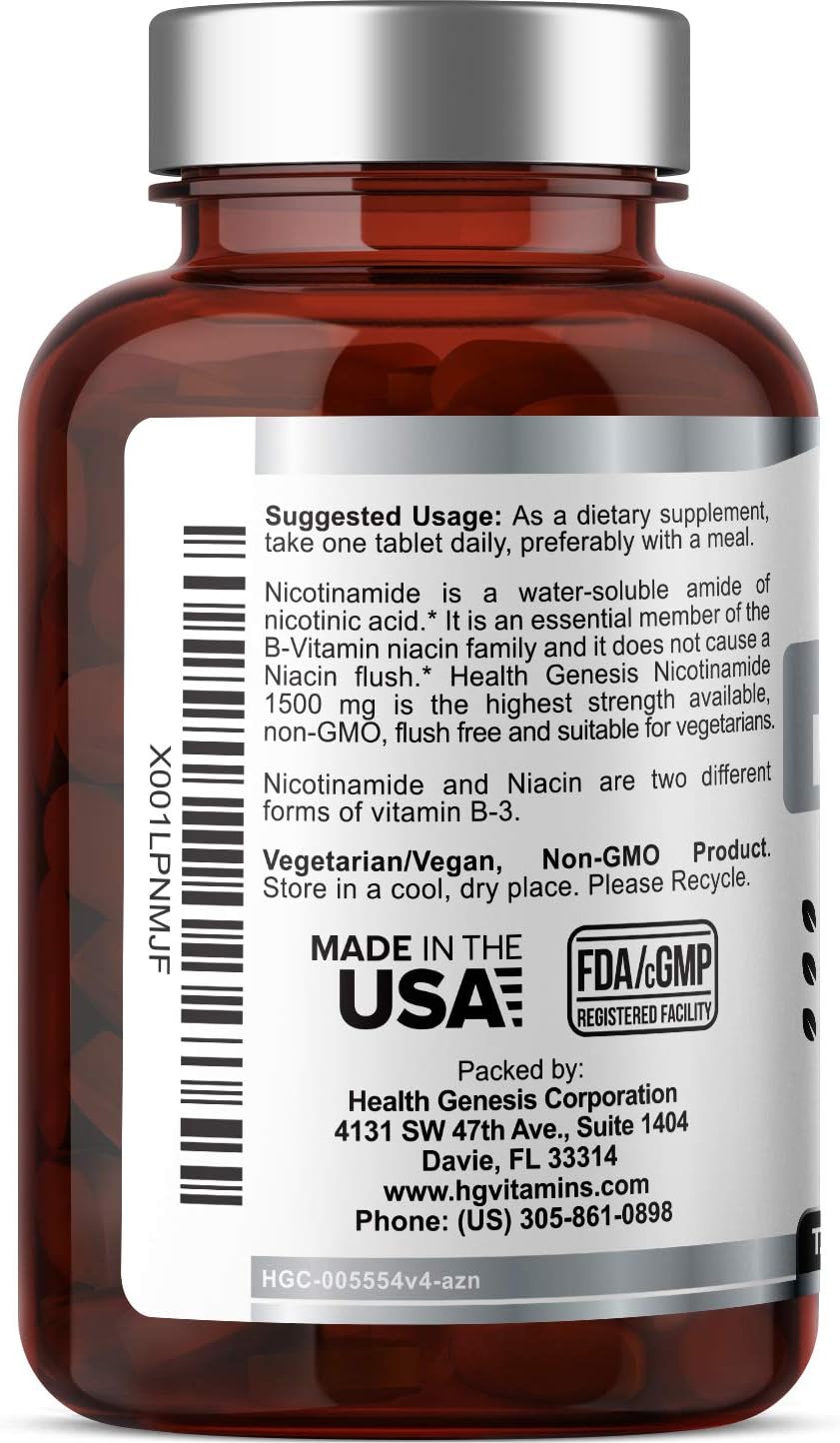 Maximum Strength Health Genesis B-3 Nicotinamide Niacin 1500 mg - 60 Tablets for Skin Cell Health