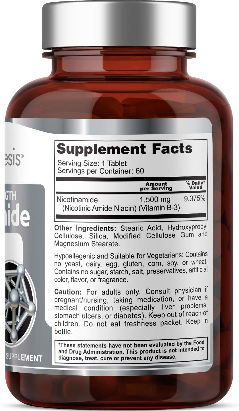Maximum Strength Health Genesis B-3 Nicotinamide Niacin 1500 mg - 60 Tablets for Skin Cell Health