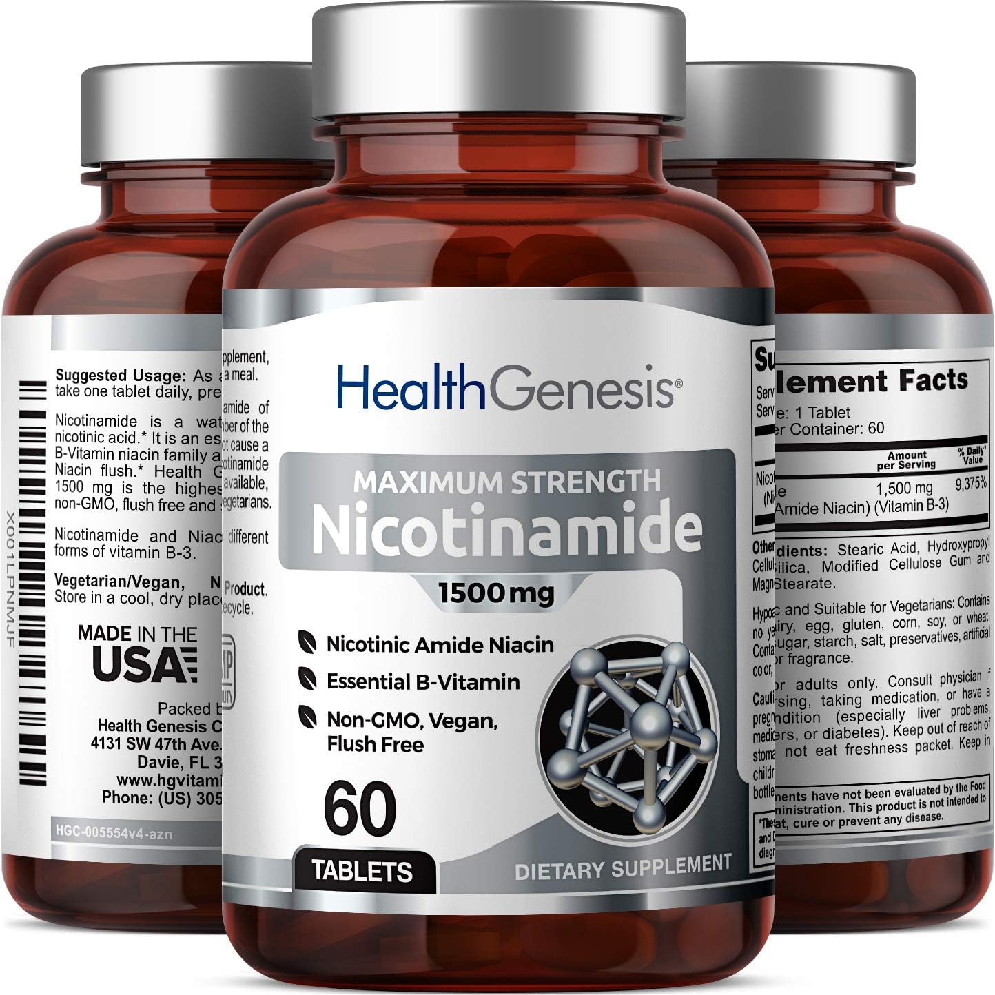 Maximum Strength Health Genesis B-3 Nicotinamide Niacin 1500 mg - 60 Tablets for Skin Cell Health