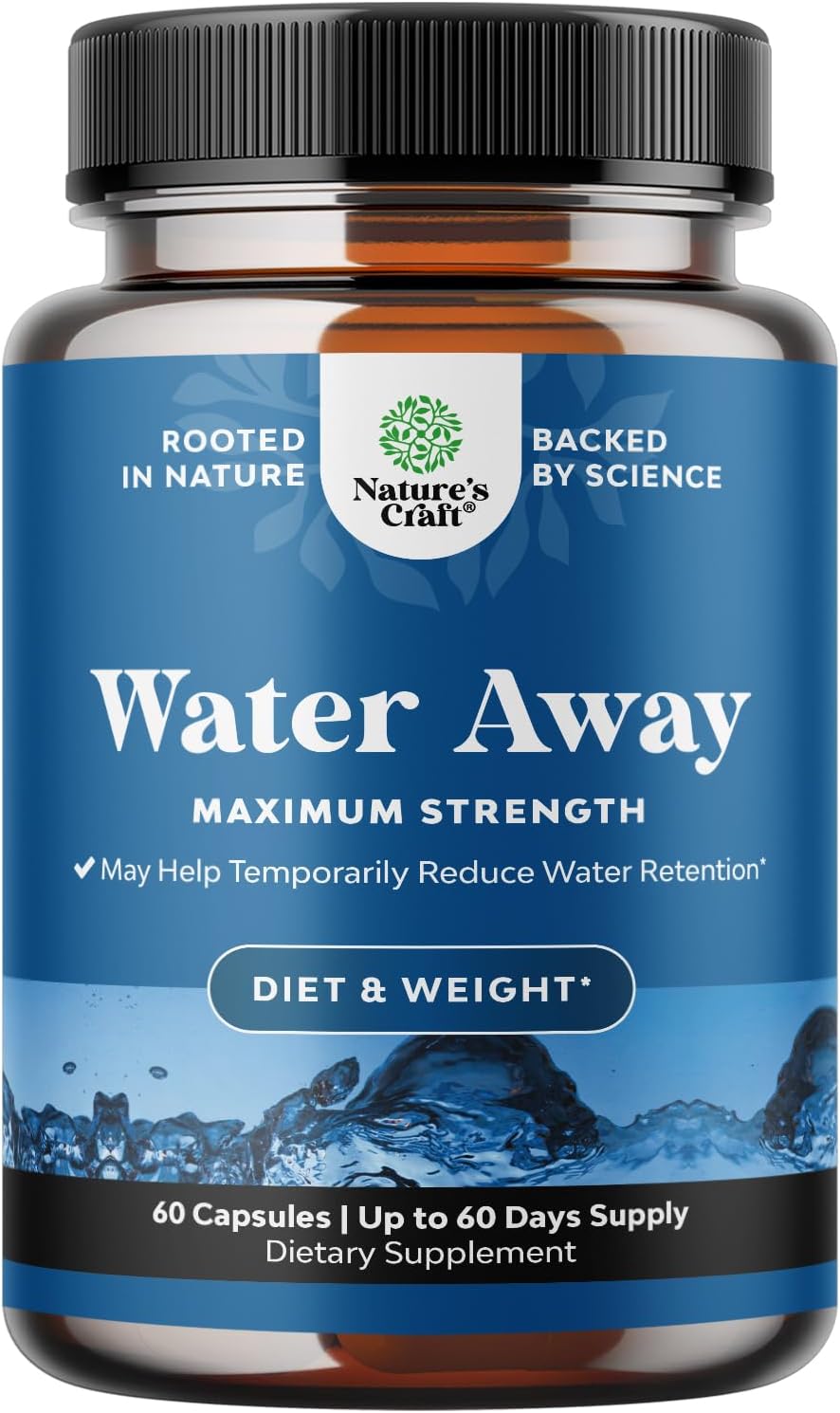 Maximum Strength Herbal Diuretic Water Away Pills for Fast Bloating Relief - 60 Servings for Men and Women - Easy to Take
