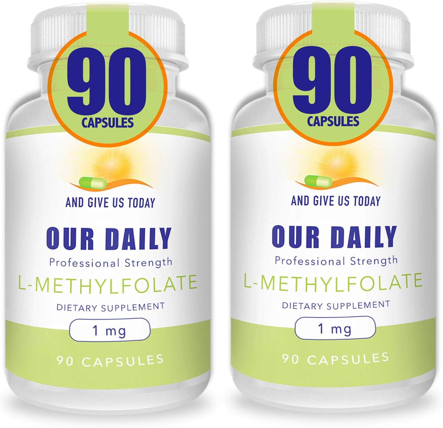 Maximum Strength L-Methylfolate 1mg Vegetarian Capsules - 5-MTHF Supplement - Non-GMO, Gluten Free - 90 Count x 2 Pack - Filler Free, Active Folate Formula