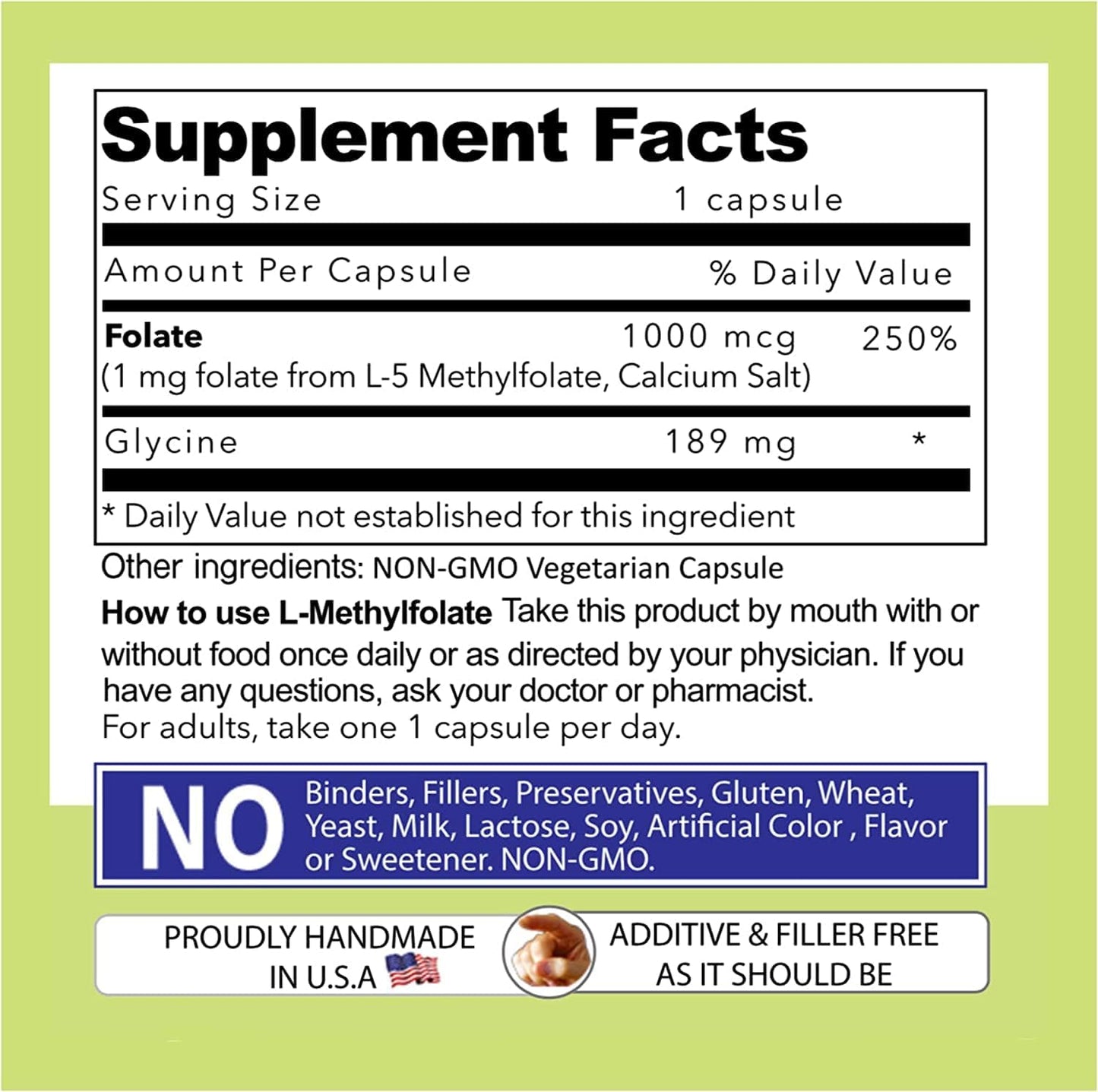 Maximum Strength L-Methylfolate 1mg Vegetarian Capsules - 5-MTHF Supplement - Non-GMO, Gluten Free - 90 Count x 2 Pack - Filler Free, Active Folate Formula