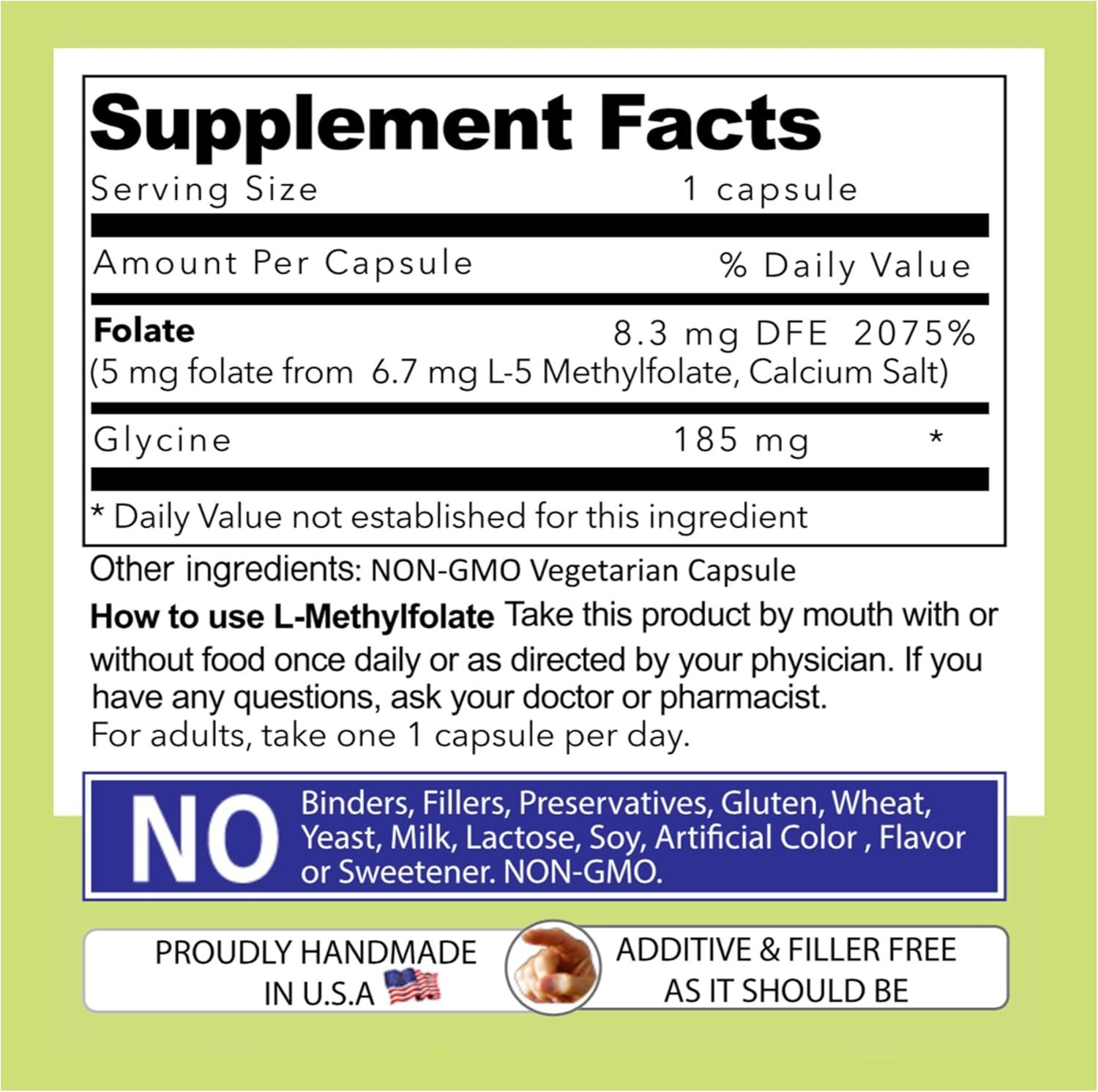 Maximum Strength L-Methylfolate 5mg - 5-MTHF Folate Supplement 90 Capsules - Non-GMO, Vegetarian, Gluten Free - 3 Month Supply