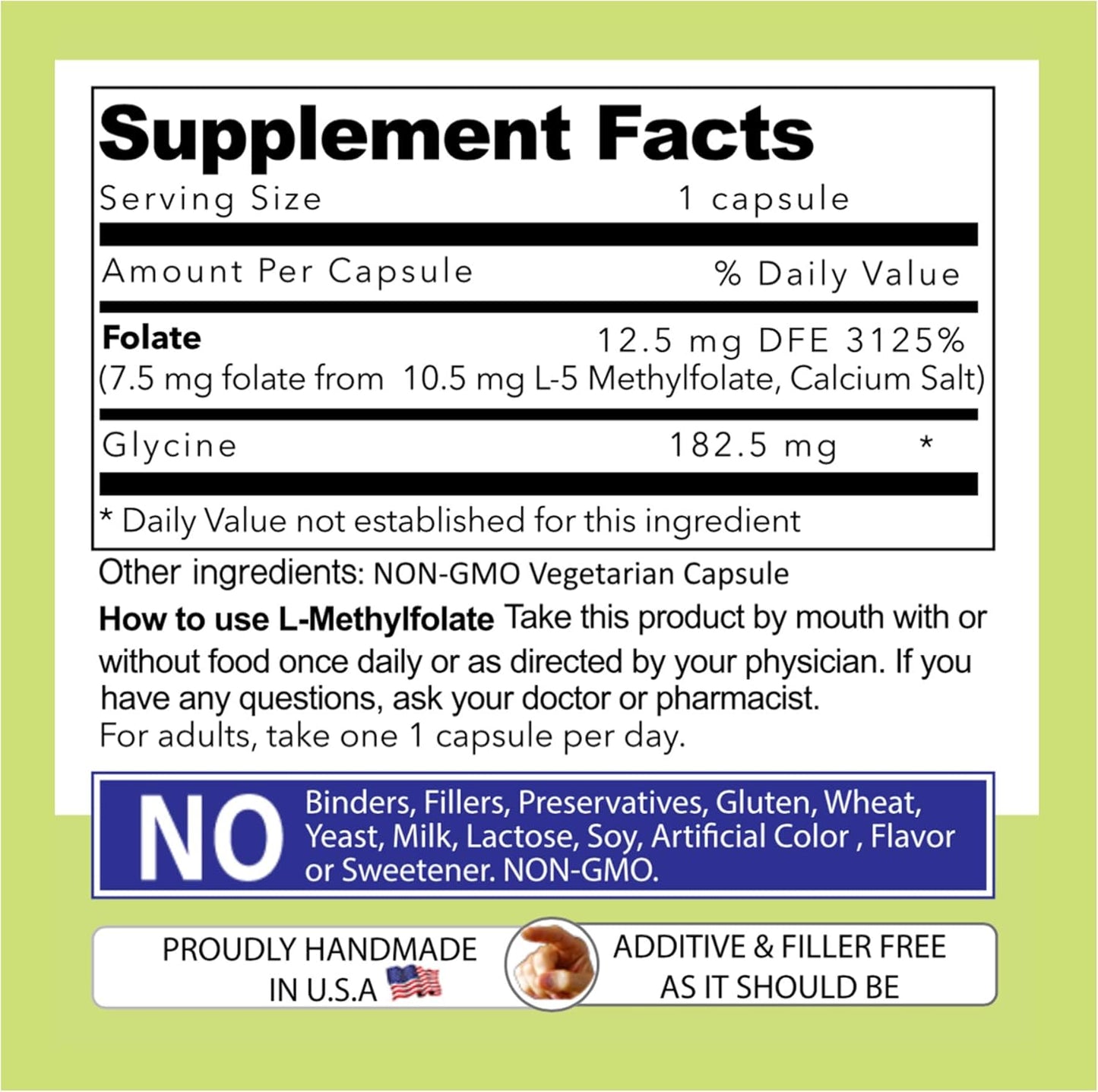 Maximum Strength L-Methylfolate 7.5 mg Capsules, 60 Count - Gluten Free, Non-GMO, Vegetarian, Filler Free