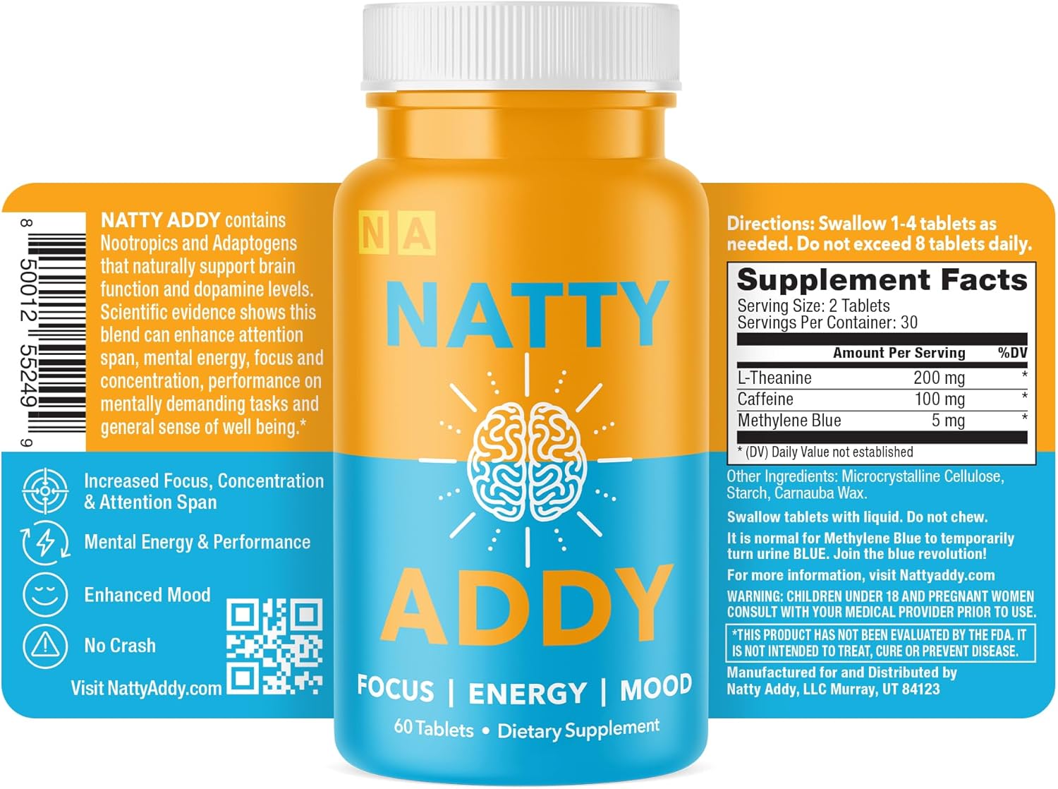 Maximum Strength Natty Addy Brain Support Supplement with Methylene Blue, Caffeine, and L-Theanine for Mental Focus and Clarity
