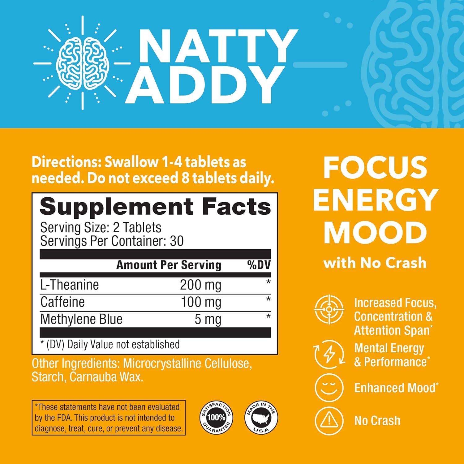 Maximum Strength Natty Addy Brain Support Supplement with Methylene Blue, Caffeine, and L-Theanine for Mental Focus and Clarity