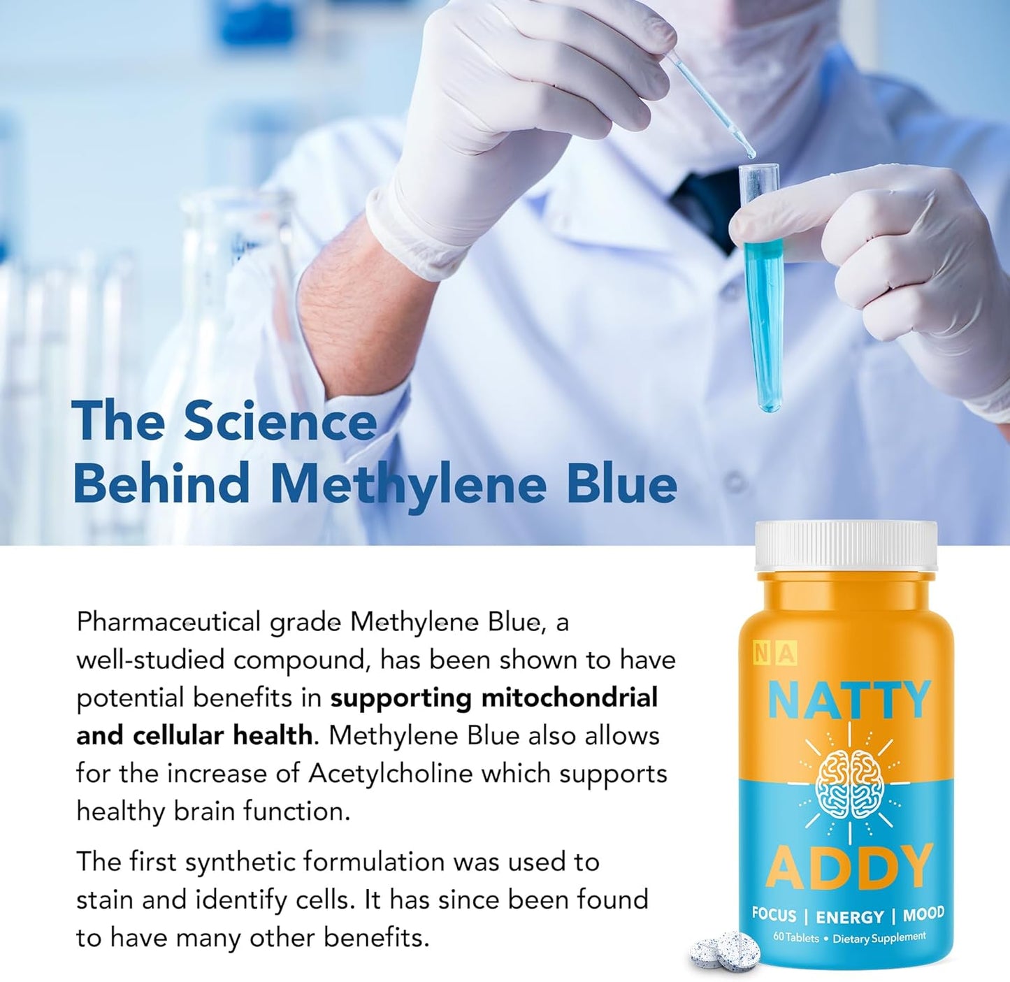 Maximum Strength Natty Addy Brain Support Supplement with Methylene Blue, Caffeine, and L-Theanine for Mental Focus and Clarity