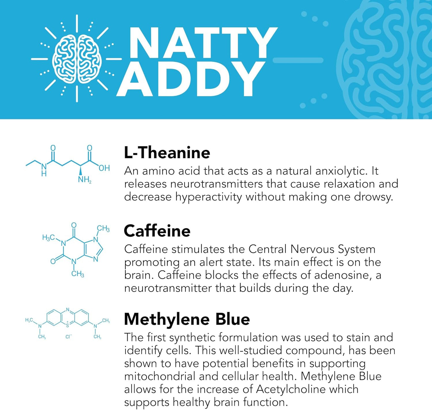 Maximum Strength Natty Addy Brain Support Supplement with Methylene Blue, Caffeine, and L-Theanine for Mental Focus and Clarity
