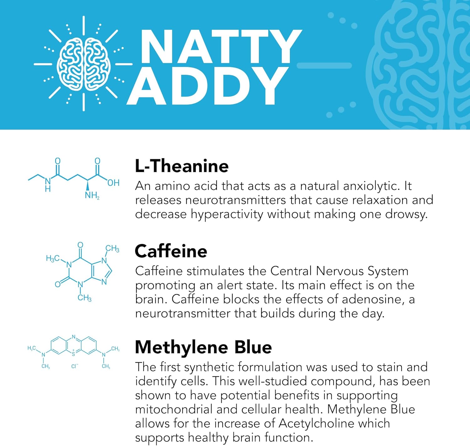 Maximum Strength Natty Addy Brain Support Supplement with Methylene Blue, Caffeine, and L-Theanine for Mental Focus and Clarity