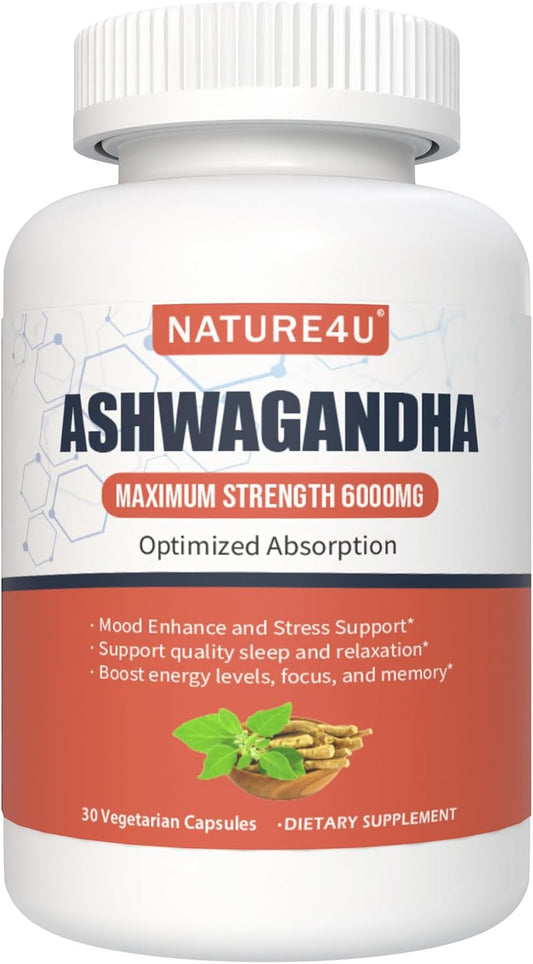 Maximum Strength Nature4U Ashwagandha Capsules with Black Pepper and Ginger Root for Stress and Mood Support - BoostGo Australia