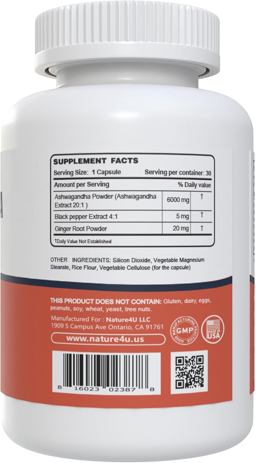 Maximum Strength Nature4U Ashwagandha Capsules with Black Pepper and Ginger Root for Stress and Mood Support - BoostGo Australia