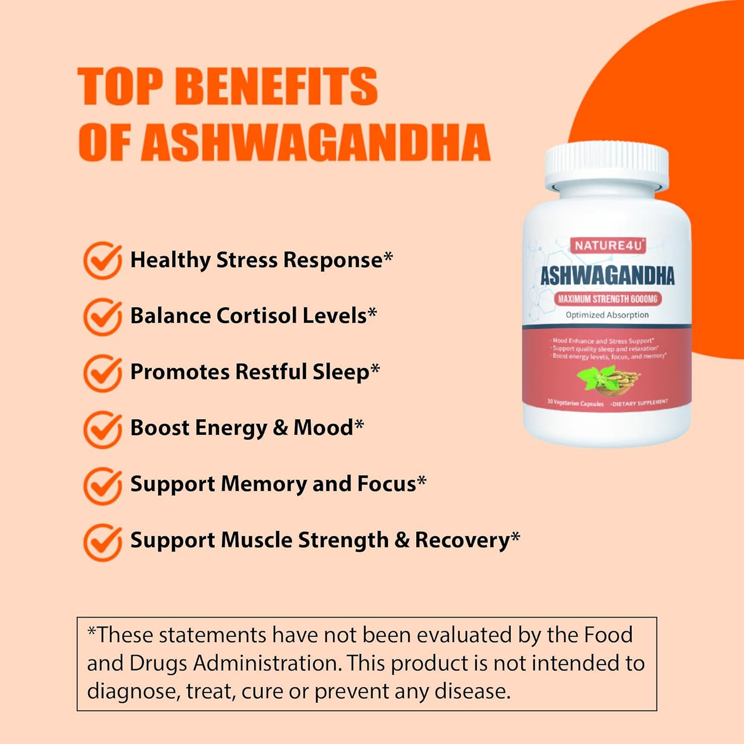 Maximum Strength Nature4U Ashwagandha Capsules with Black Pepper and Ginger Root for Stress and Mood Support - BoostGo Australia