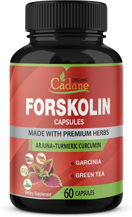 Maximum Strength Organic Cadane Forskolin Capsules with Turmeric, Arjuna, Garcinia Cambogia & Green Tea - Immune System Support - 60 Capsules, 2 Month Supply