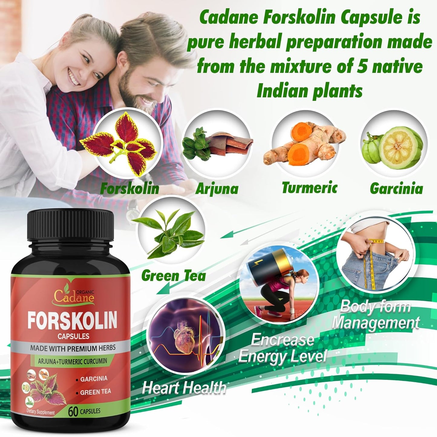 Maximum Strength Organic Cadane Forskolin Capsules with Turmeric, Arjuna, Garcinia Cambogia & Green Tea - Immune System Support - 60 Capsules, 2 Month Supply
