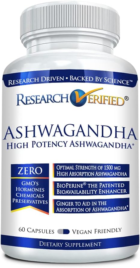 Maximum Strength Research Verified Ashwagandha 1500mg with Bioperine and Ginger Root - 60 Vegan Capsules, Cognitive Function Support
