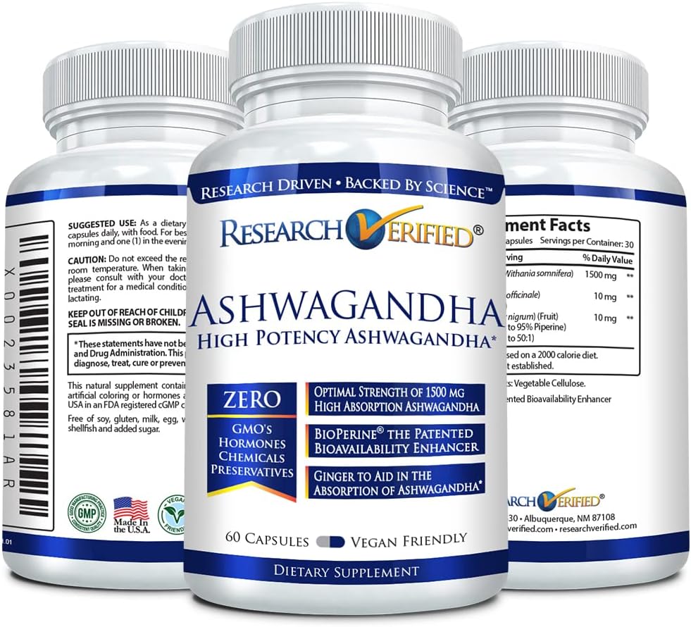Maximum Strength Research Verified Ashwagandha 1500mg with Bioperine and Ginger Root - 60 Vegan Capsules, Cognitive Function Support