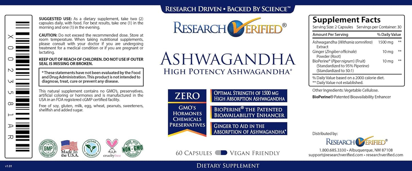 Maximum Strength Research Verified Ashwagandha 1500mg with Bioperine and Ginger Root - 60 Vegan Capsules, Cognitive Function Support