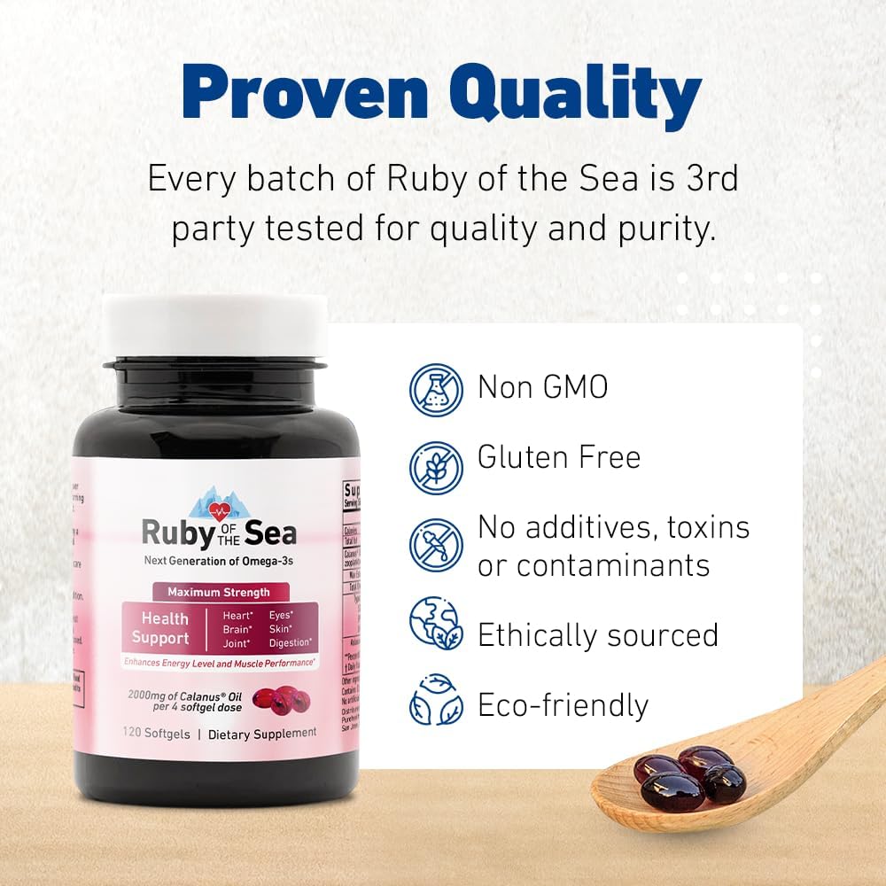 Maximum Strength Ruby of the Sea Marine Oil Supplement for Heart and Brain Health - All Natural Calanus Oil, Astaxanthin, Omega-3, and Fatty Acids - 4 Softgels Daily