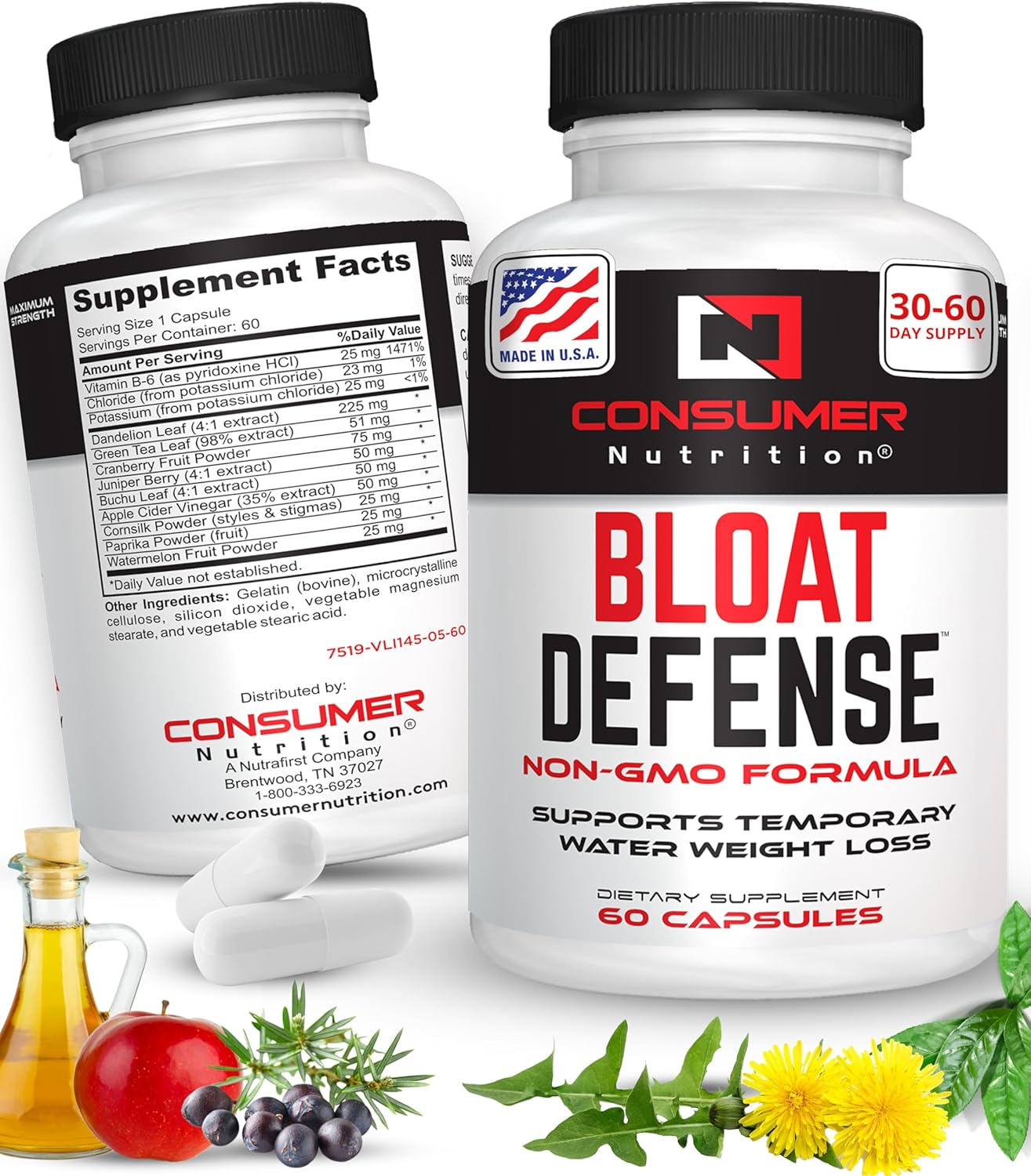 Maximum Strength Water Away Pills for Bloating & Water Weight with Apple Cider Vinegar - 60 Capsules for Women & Men