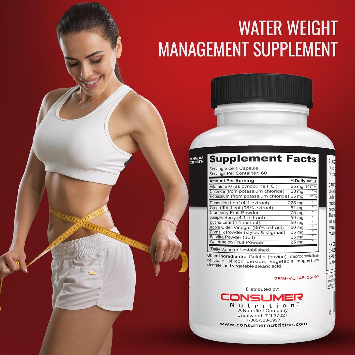 Maximum Strength Water Away Pills for Bloating & Water Weight with Apple Cider Vinegar - 60 Capsules for Women & Men