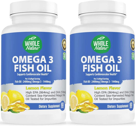 Maximum Strength Whole Nature Omega-3 Fish Oil Supplements, 2400mg, EPA and DHA Fatty Acids, Heart, Brain & Immune Support, Natural Lemon Flavor, 120ct