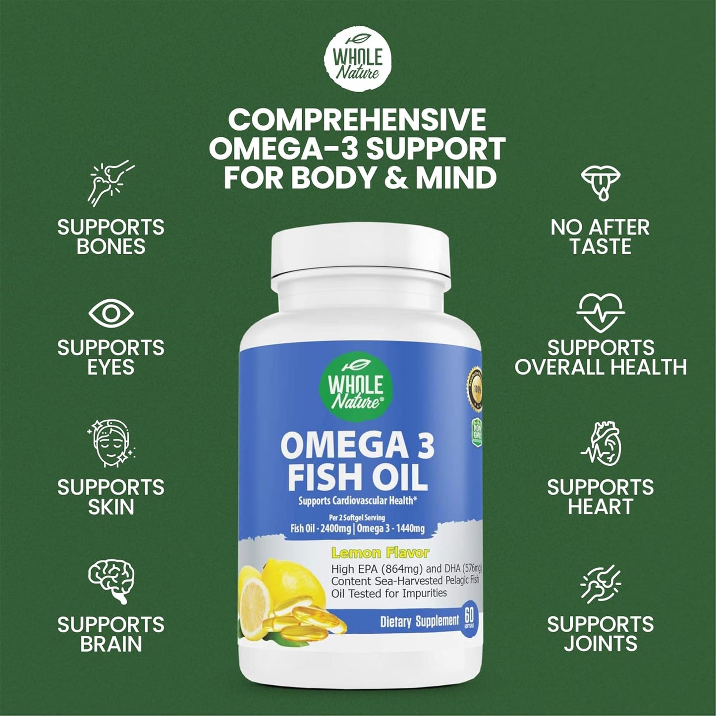 Maximum Strength Whole Nature Omega-3 Fish Oil Supplements, 2400mg, EPA and DHA Fatty Acids, Heart, Brain & Immune Support, Natural Lemon Flavor, 120ct