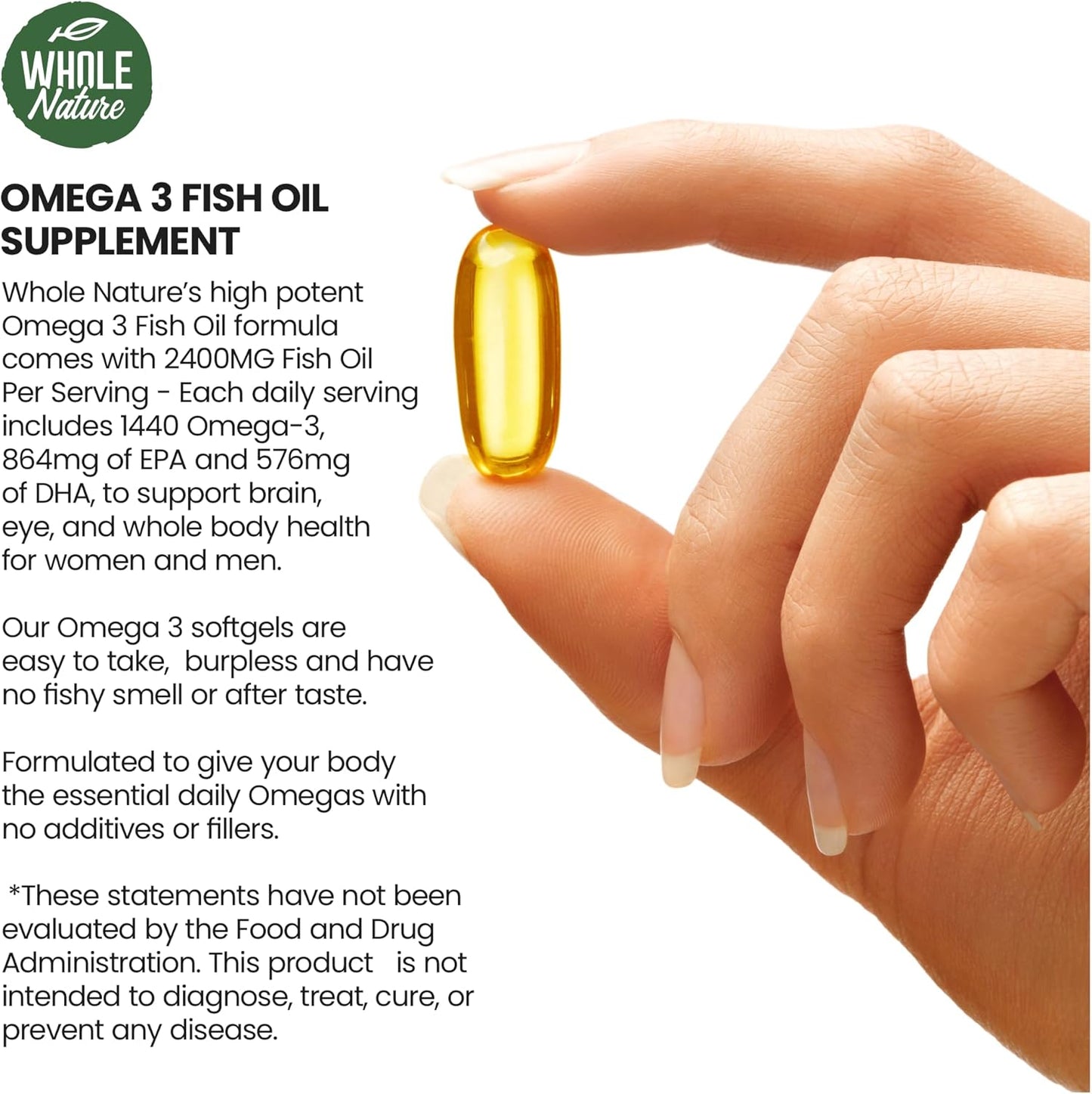 Maximum Strength Whole Nature Omega-3 Fish Oil Supplements, 2400mg, EPA and DHA Fatty Acids, Heart, Brain & Immune Support, Natural Lemon Flavor, 120ct
