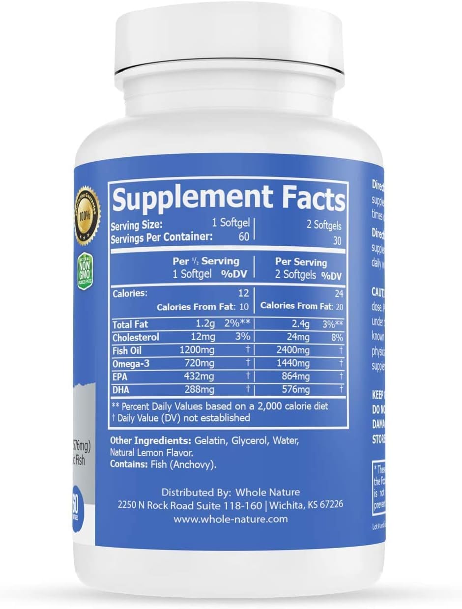 Maximum Strength Whole Nature Omega-3 Fish Oil Supplements, 2400mg, EPA and DHA Fatty Acids, Heart, Brain & Immune Support, Natural Lemon Flavor, 120ct