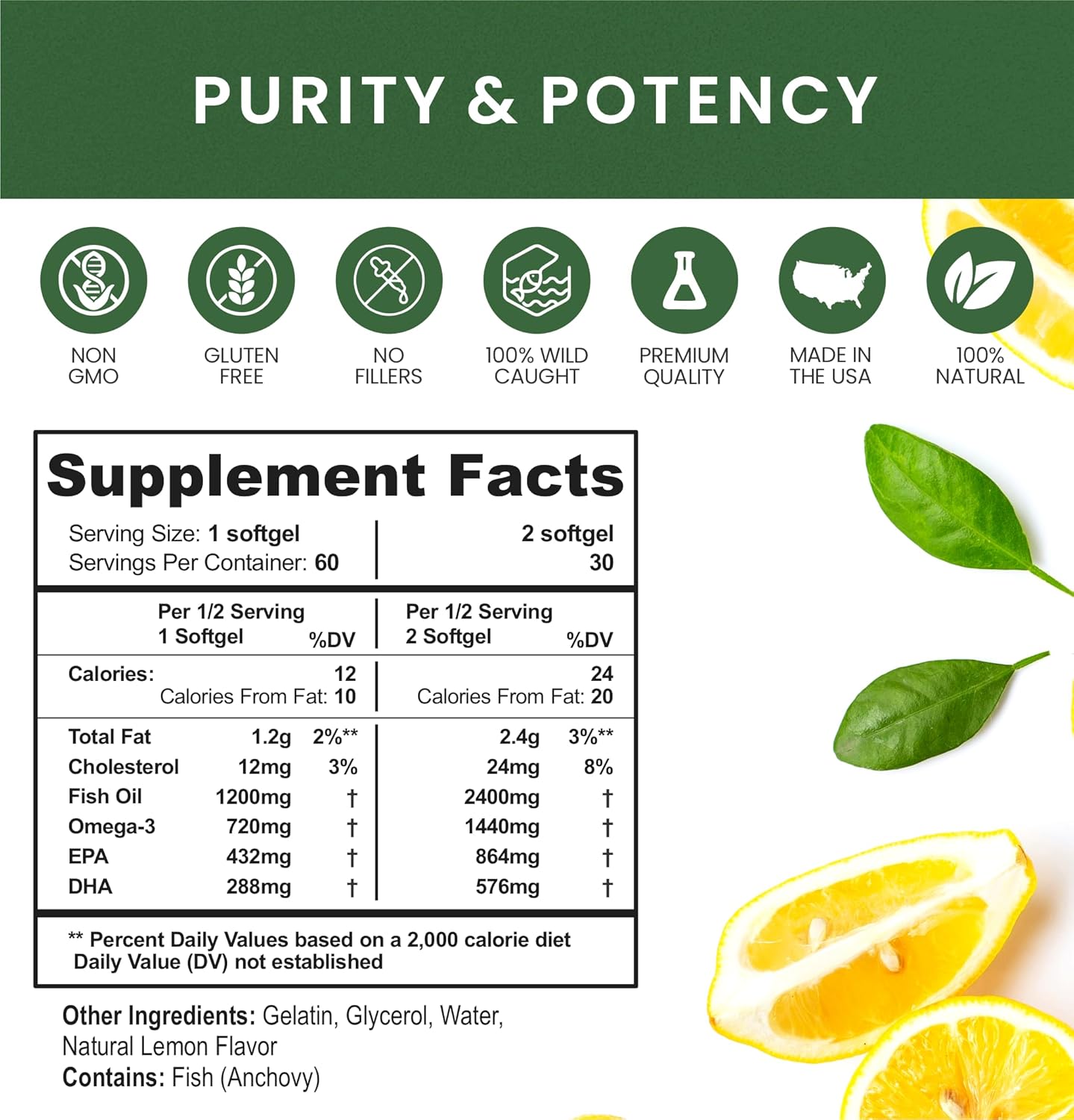 Maximum Strength Whole Nature Omega-3 Fish Oil Supplements, 2400mg, EPA and DHA Fatty Acids, Heart, Brain & Immune Support, Natural Lemon Flavor, 120ct