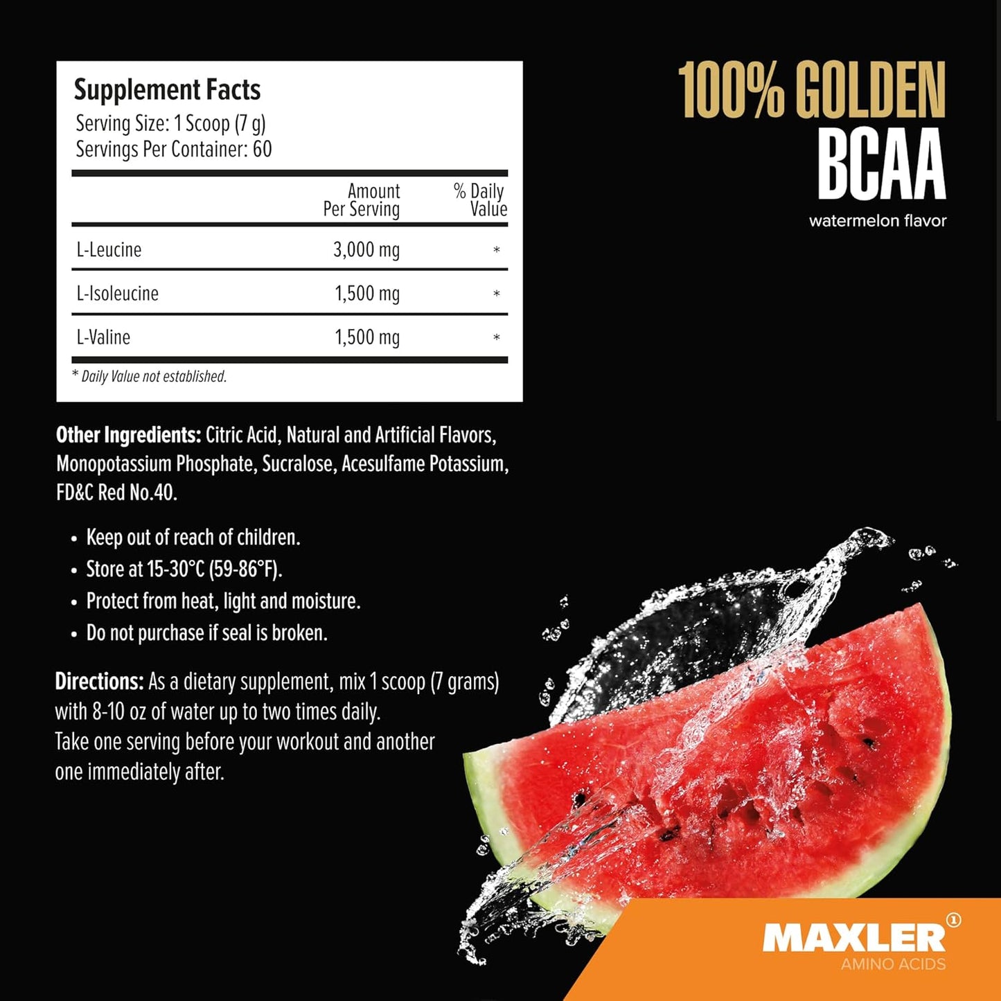 Maxler 100% Golden BCAA Powder for Muscle Recovery and Growth - Vegan Amino Acids Drink - Watermelon Flavor - 60 Servings