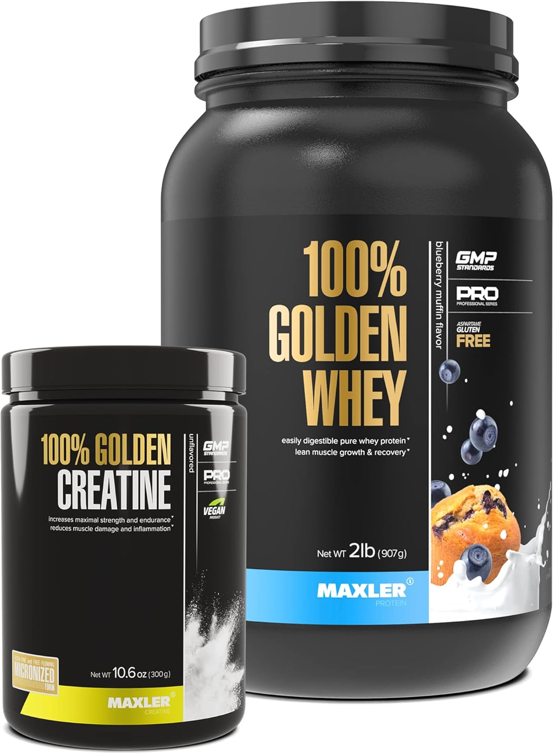 Maxler 100% Golden Whey Blueberry Muffin Protein Powder 2 lb & 100% Golden Creatine Unflavored Supplement 10.6 oz