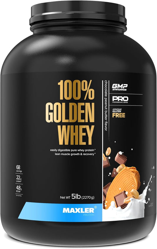 Maxler 100% Golden Whey Protein Powder - 22g per Serving - Fast-Absorbing Blend - Chocolate Peanut Butter Flavor - 5 lbs