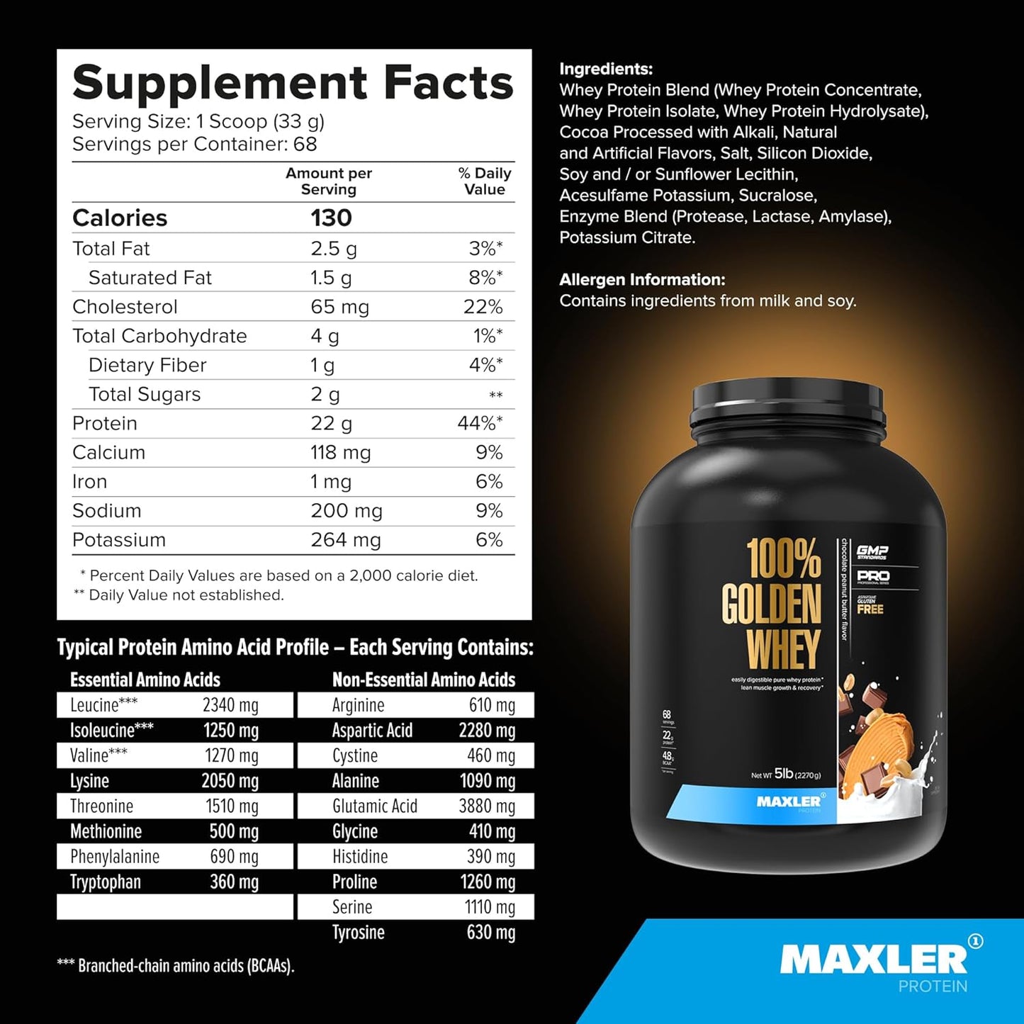 Maxler 100% Golden Whey Protein Powder - 22g per Serving - Fast-Absorbing Blend - Chocolate Peanut Butter Flavor - 5 lbs