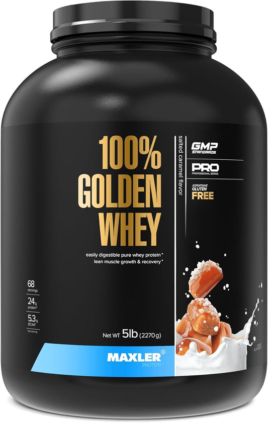 Maxler 100% Golden Whey Protein Powder - 24g per Serving - Ideal for Pre, Post & Intra Workout - Fast-Absorbing Blend - Salted Caramel Flavor - 5 lbs