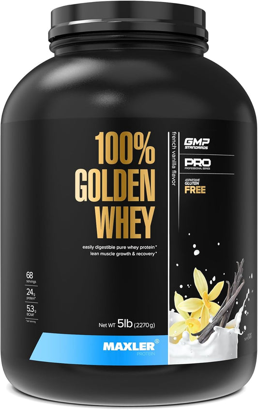 Maxler 100% Golden Whey Protein Powder - 24g per Serving - Pre, Post & Intra Workout - Fast-Absorbing Blend - French Vanilla 5 lbs