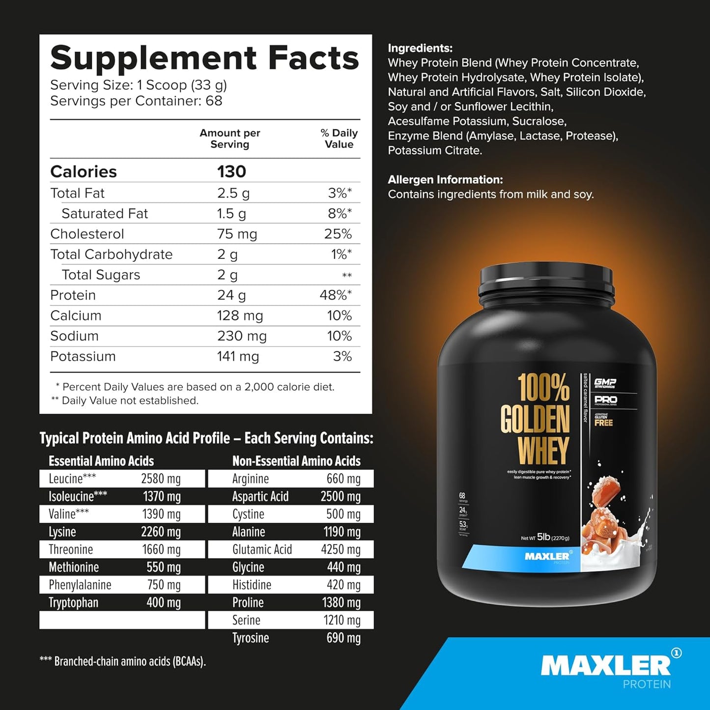 Maxler 100% Golden Whey Protein Powder - 24g per Serving - Ideal for Pre, Post & Intra Workout - Fast-Absorbing Blend - Salted Caramel Flavor - 5 lbs