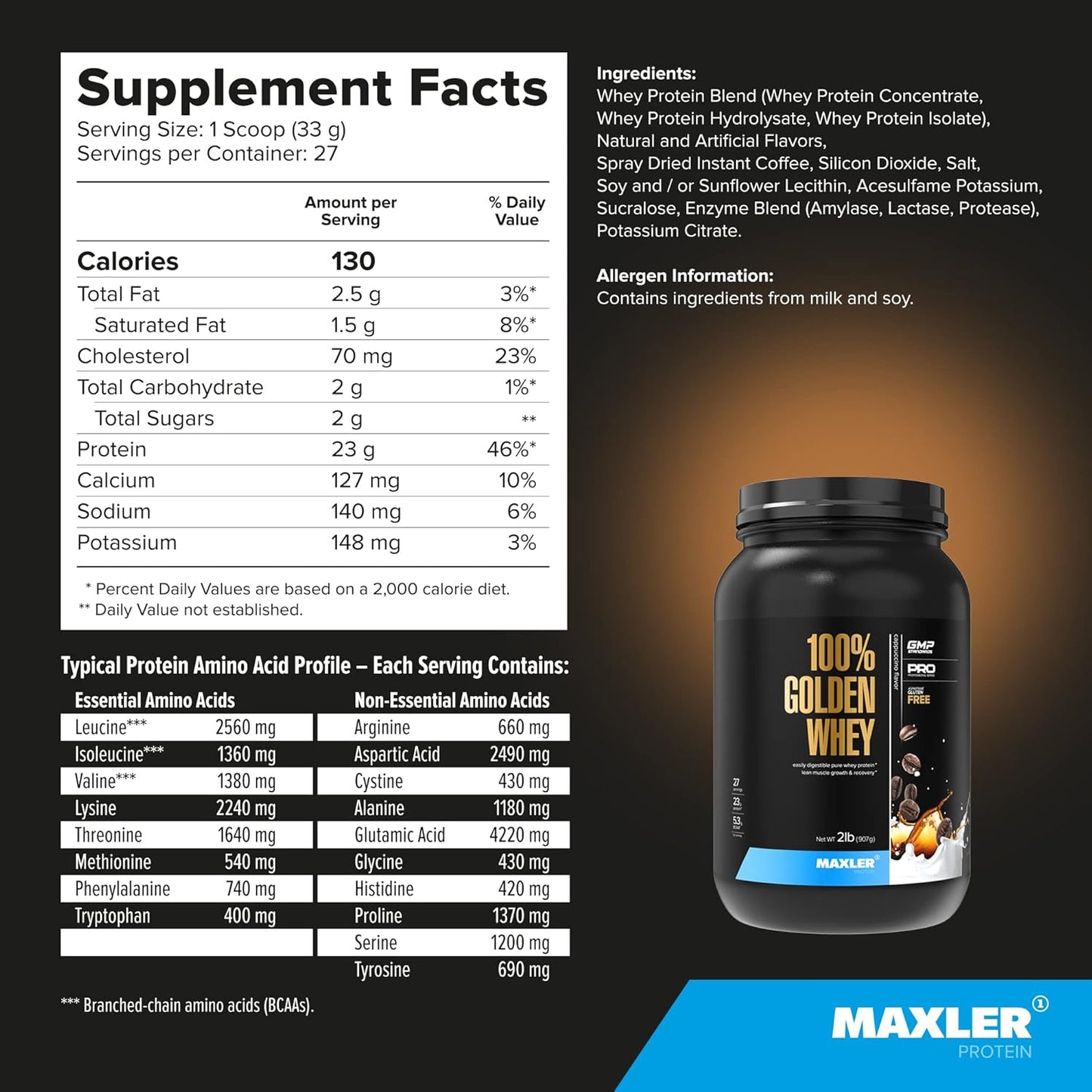 Maxler 100% Golden Whey Protein Powder - Cappuccino Flavor - 23g Protein per Serving - Pre, Post & Intra Workout Recovery - Fast-Absorbing Blend of Whey Hydrolysate, Isolate & Concentrate - 2 lbs