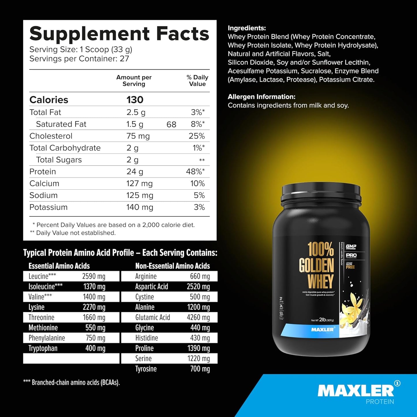 Maxler 100% Golden Whey Protein Powder: 24g per Serving - Pre, Post & Intra Workout - Fast-Absorbing Blend - French Vanilla 2 lbs