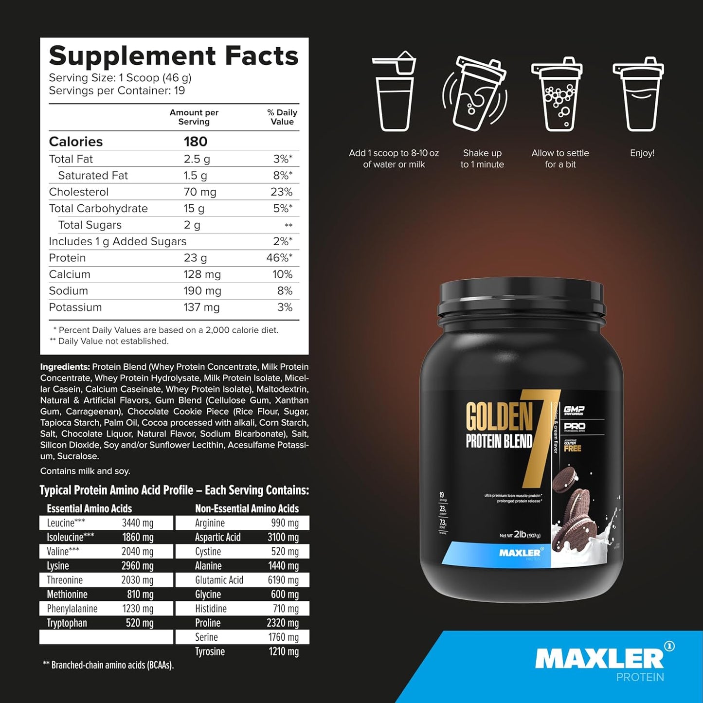 Maxler Golden 7 Protein Blend - Cookies and Cream 2 lb Powder for Muscle Gain and Recovery