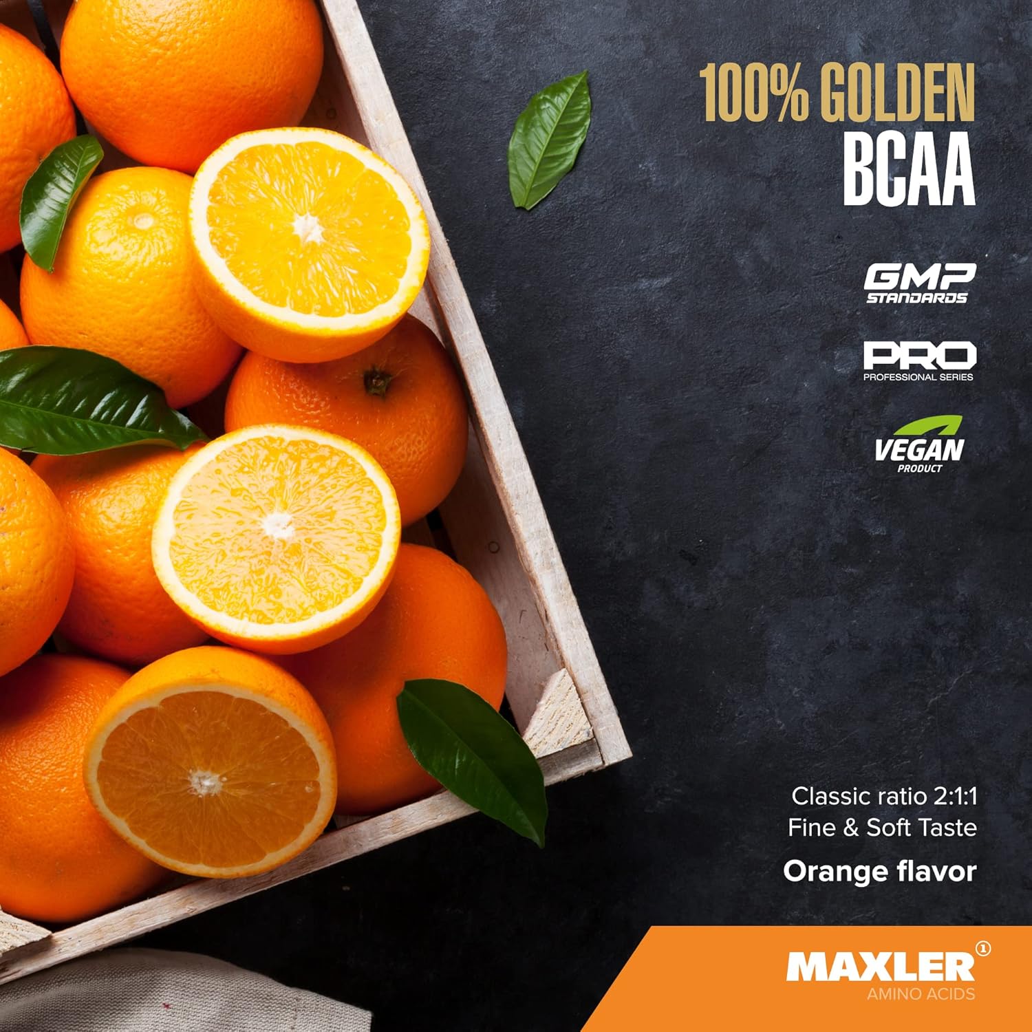 Maxler Golden BCAA Powder: Intra & Post Workout Recovery Drink for Muscle Growth - 6g Vegan Amino Acids - 60 Servings - Orange Flavor