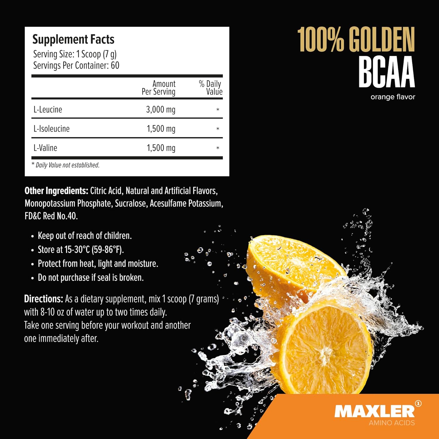 Maxler Golden BCAA Powder: Intra & Post Workout Recovery Drink for Muscle Growth - 6g Vegan Amino Acids - 60 Servings - Orange Flavor