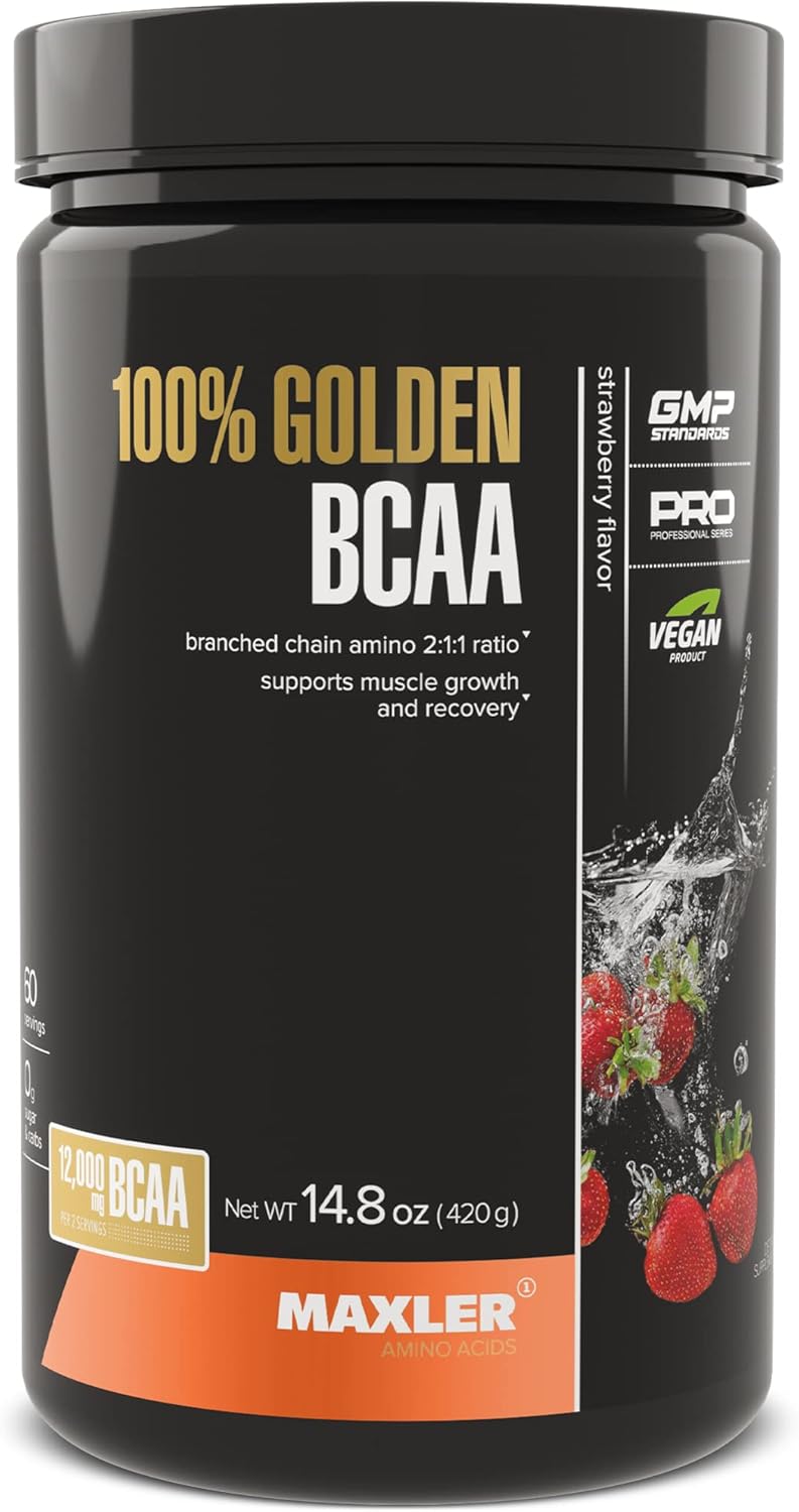 Maxler Golden BCAA Powder: Vegan Intra & Post Workout Drink for Muscle Recovery & Growth - Strawberry Flavor - 60 Servings