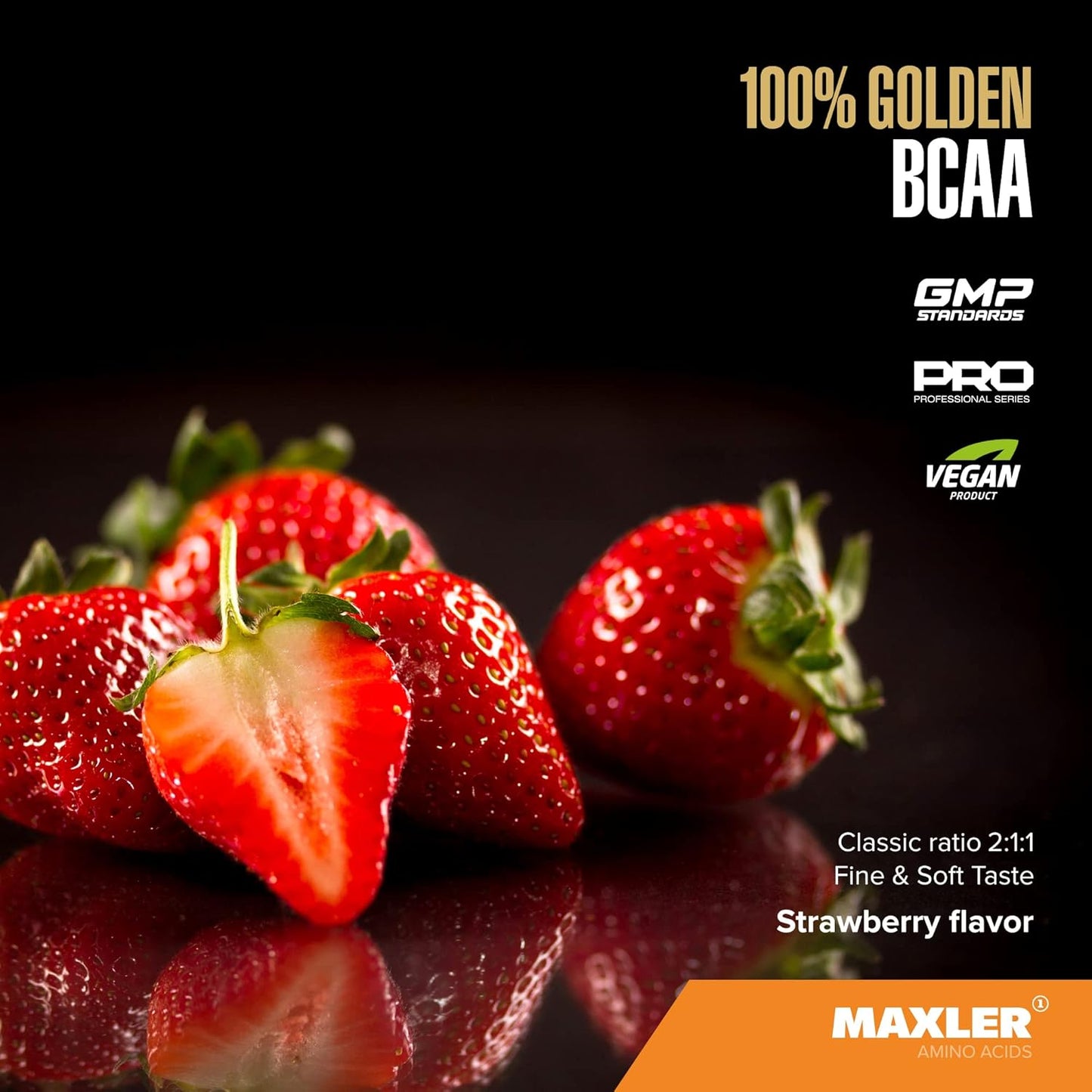 Maxler Golden BCAA Powder: Vegan Intra & Post Workout Drink for Muscle Recovery & Growth - Strawberry Flavor - 60 Servings