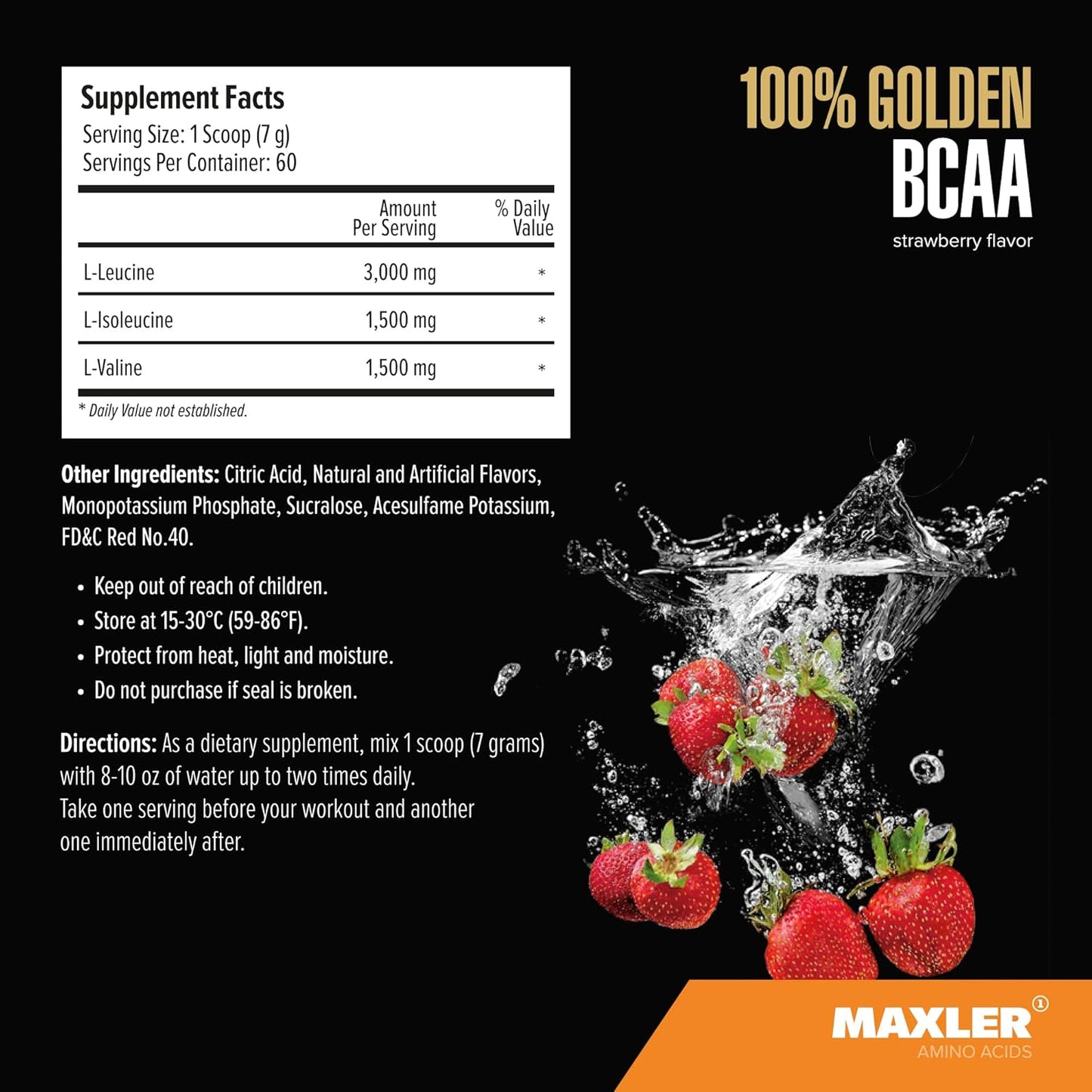 Maxler Golden BCAA Powder: Vegan Intra & Post Workout Drink for Muscle Recovery & Growth - Strawberry Flavor - 60 Servings