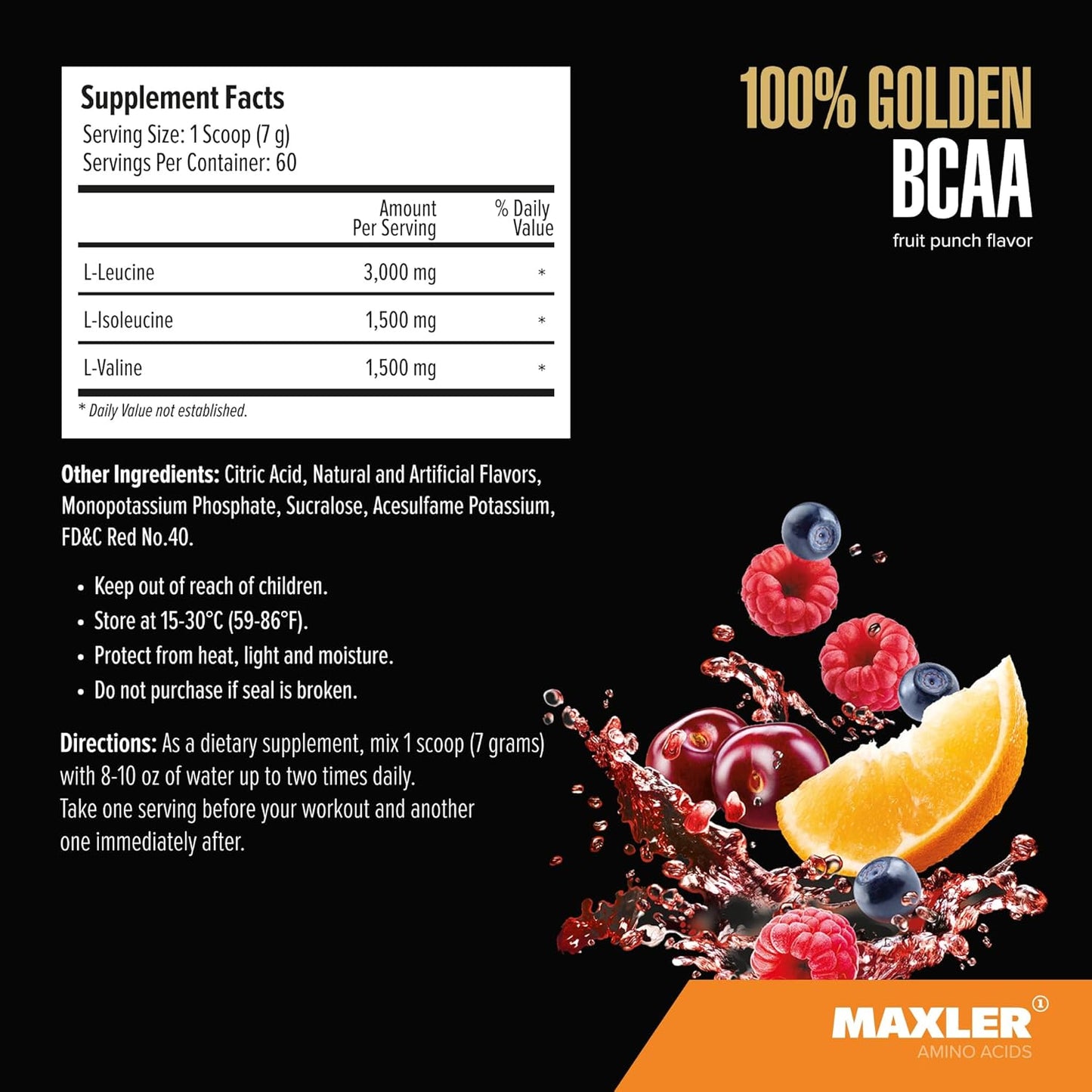 Maxler Golden BCAA Powder: Vegan Intra & Post Workout Drink for Muscle Recovery & Growth - 6g Amino Acids - 60 Servings, Fruit Punch Flavor