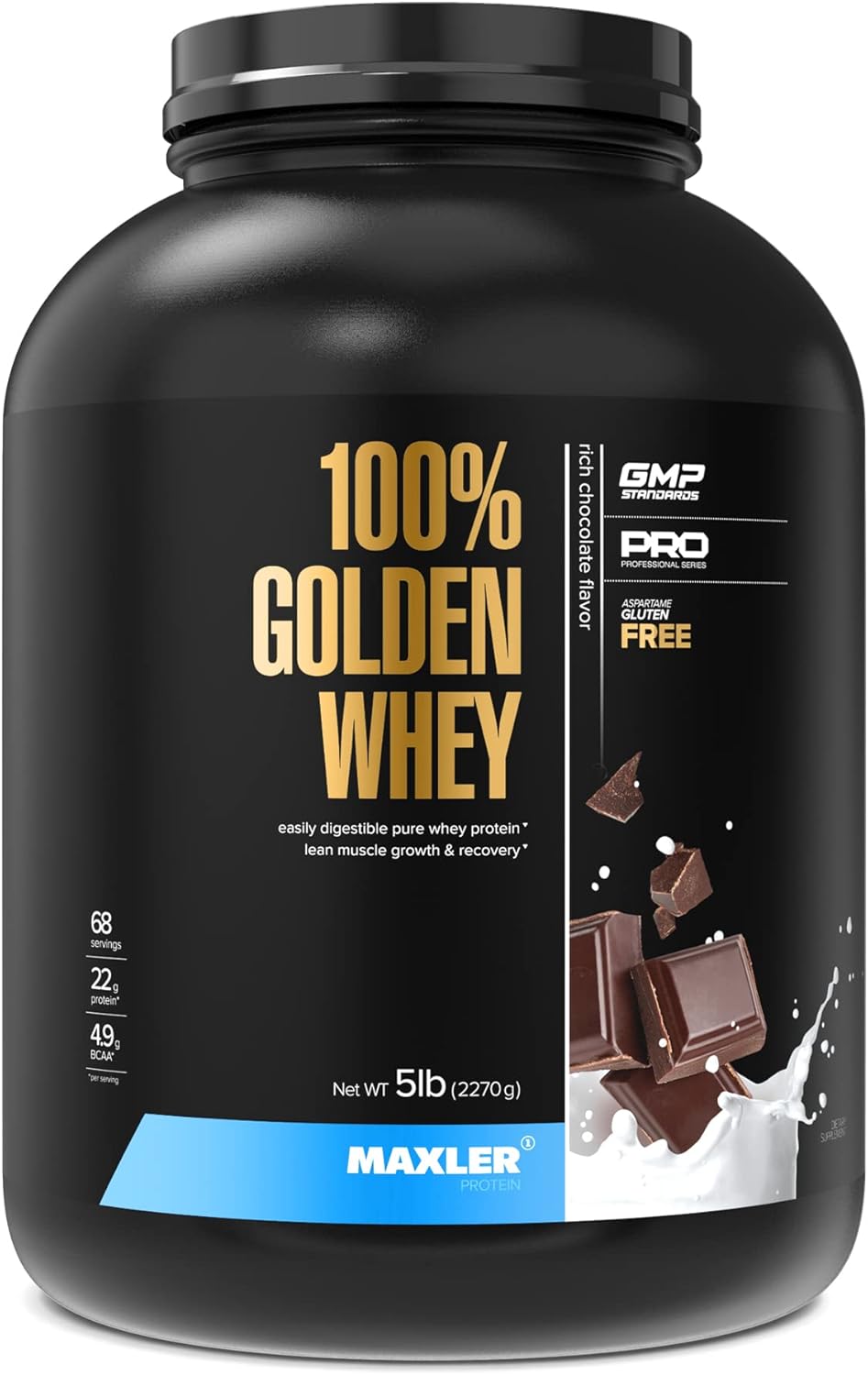 Maxler Golden Whey Protein Powder - 22g Protein per Serving - Rich Chocolate Flavor - High Protein, Low Fat, Low Carb - 5 lbs Bag