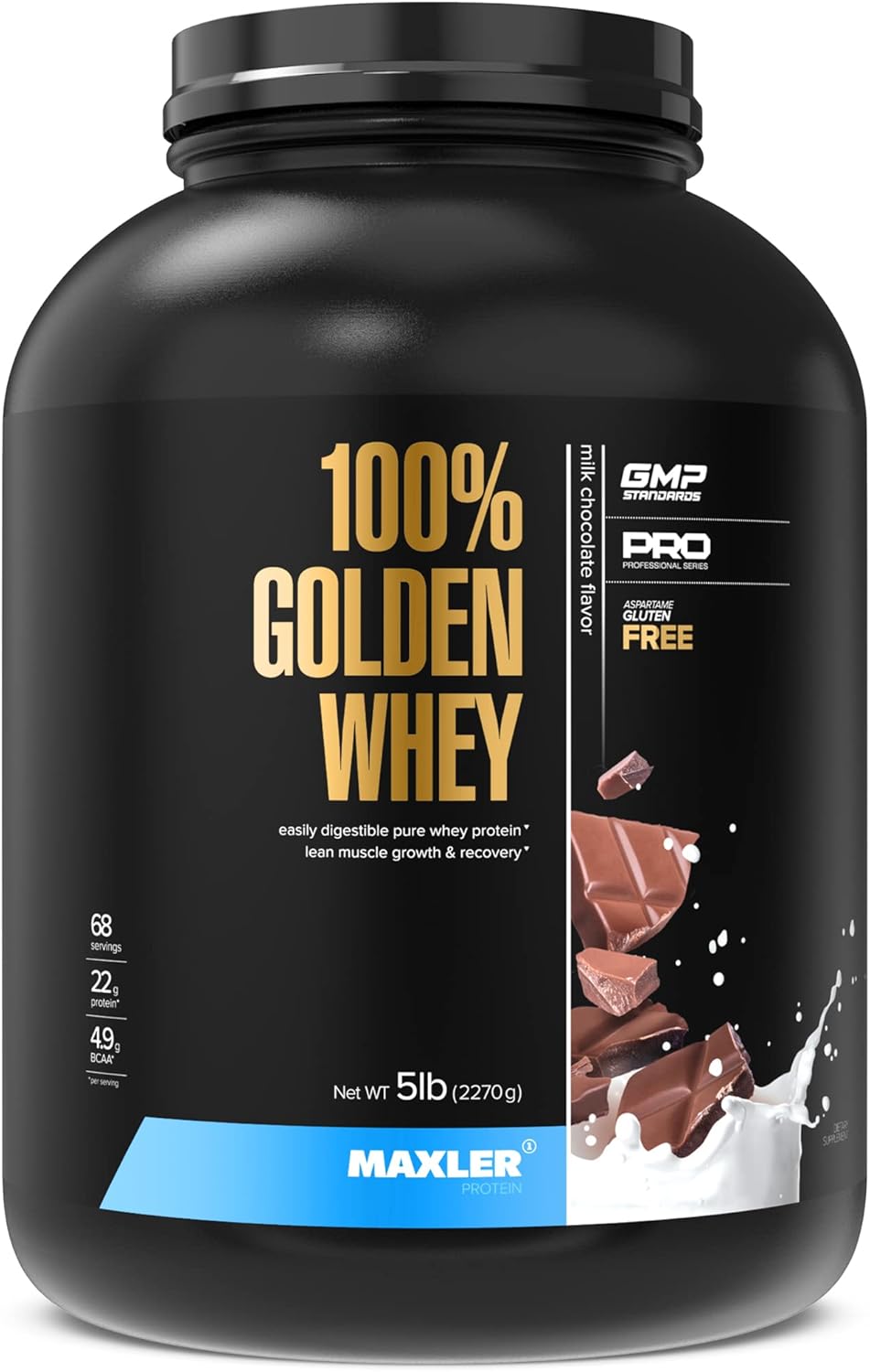 Maxler Golden Whey Protein Powder - 22g Protein per Serving - Fast-Absorbing Blend for Pre & Post Workout - Milk Chocolate Flavor - 5 lb Jar